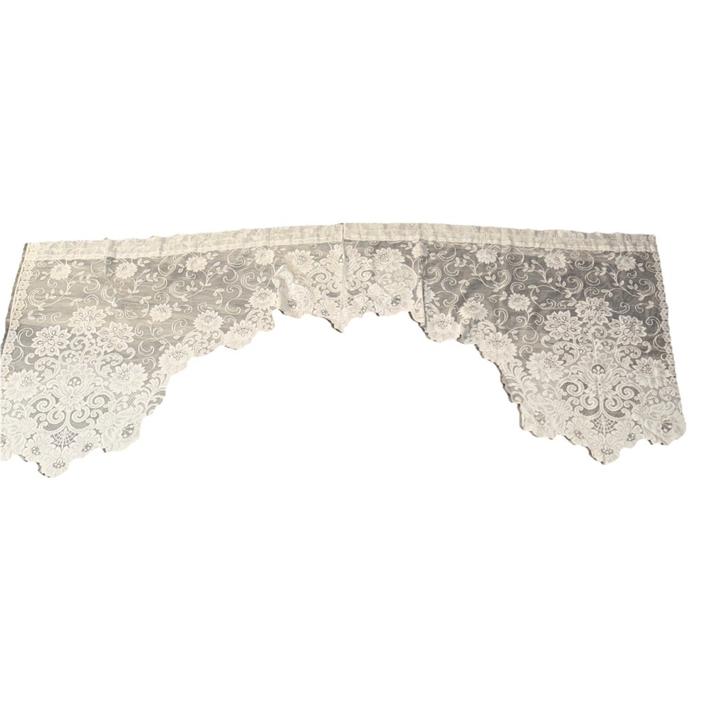 Set Of 2 White Sheer Lace Valance Curtains 38X31 Each Cottage County Floral
